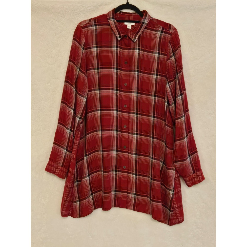 J.‎ Jill Women's Medium Tunic Dress Red Plaid Rayon Button Down WTP210451